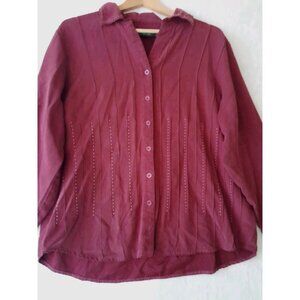 Womens Velour Faux Suede Pintucked Casual Winter Work School Blouse 1X Burgundy